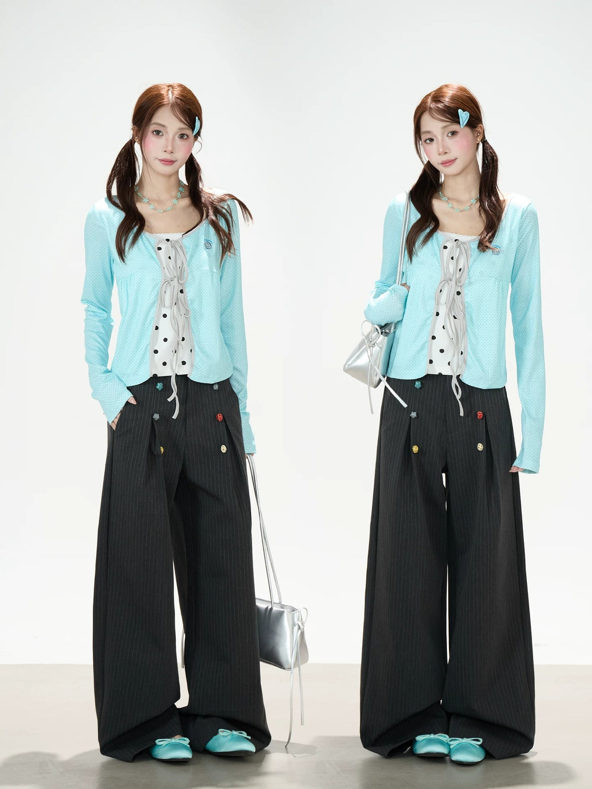 Pinstripe Button Wide-Leg Pants