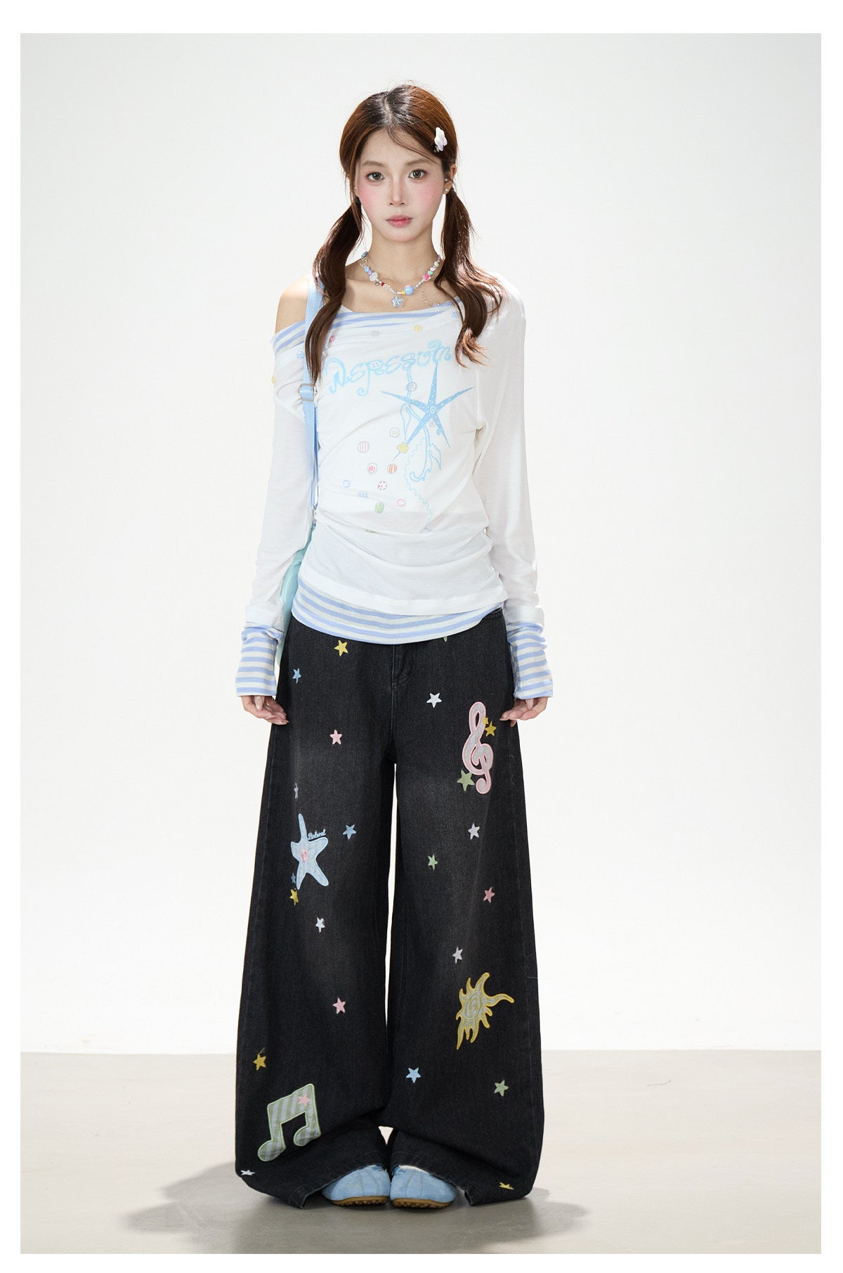 Starfish Off-Shoulder Layered Long Sleeve Top & White Wide-Leg Pants