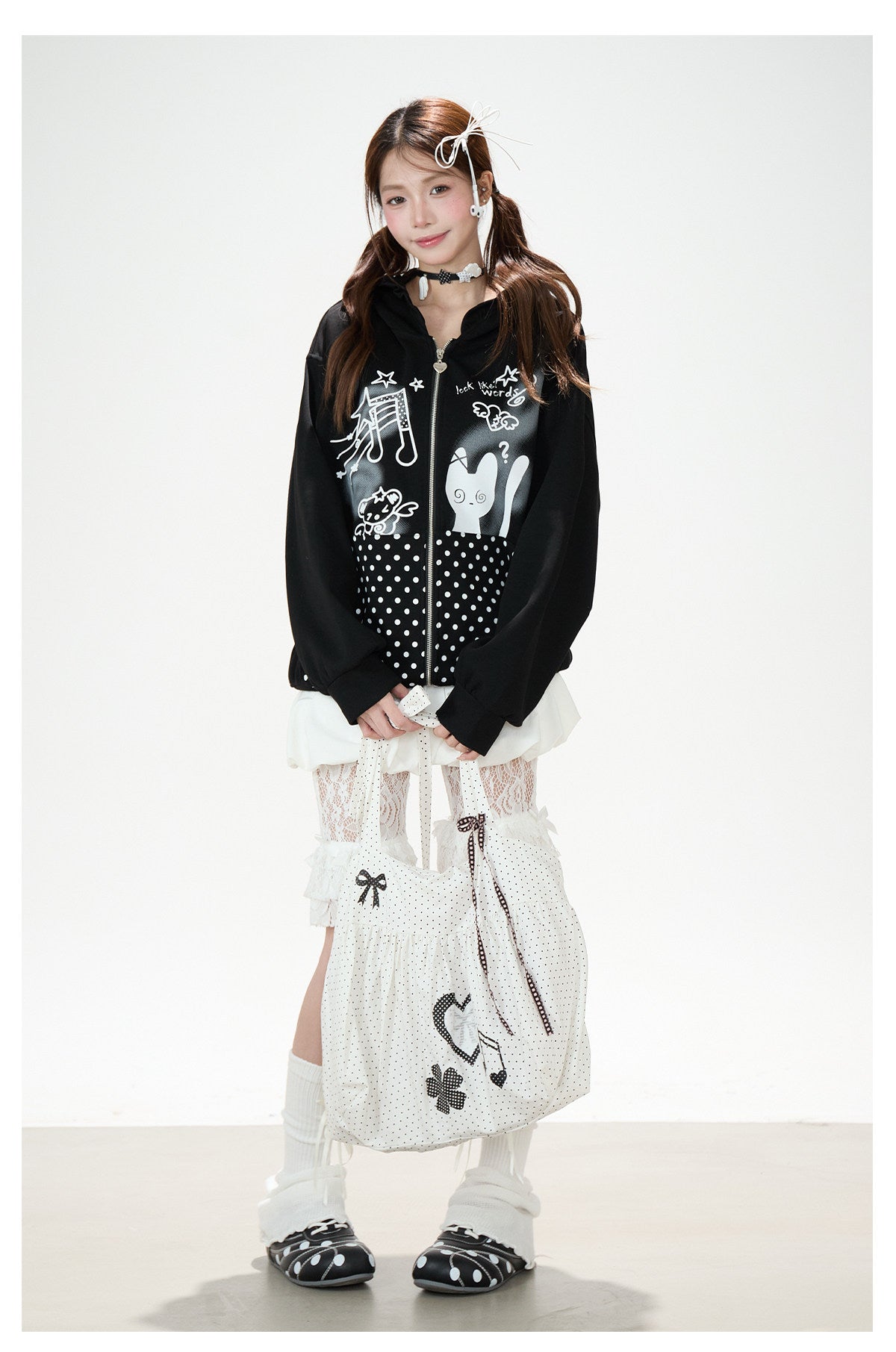 Cartoon Polka-Dot Zip-Up Hoodie & Star Print Shorts