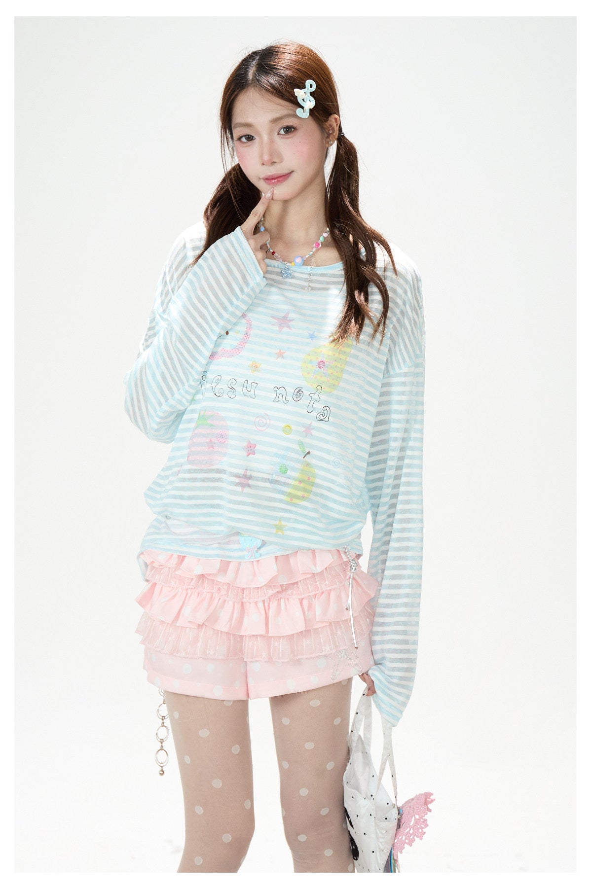 Playful Stripe Graphic Sheer Long Sleeve Top & Pink Wide-Leg Pants