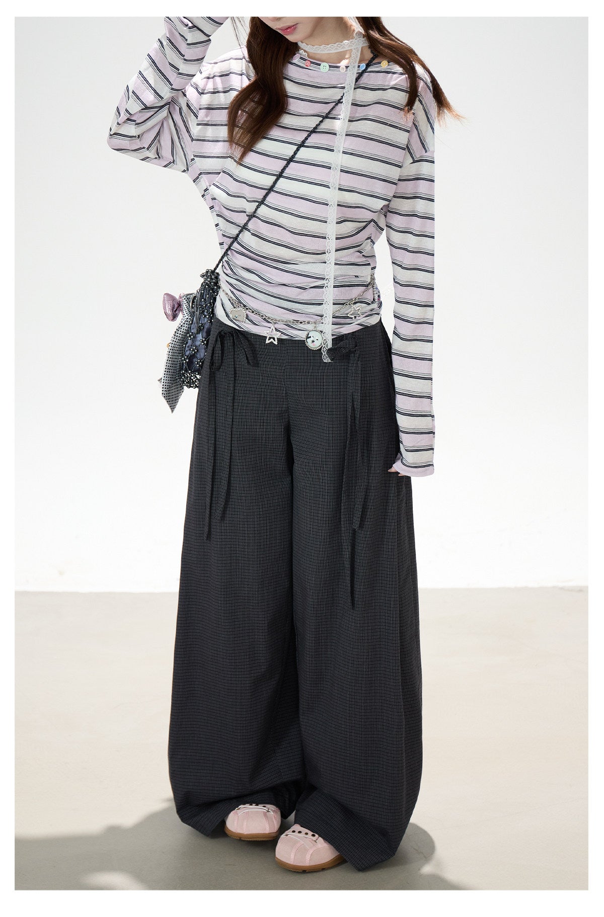 Striped Off-Shoulder Long Sleeve Top & Black Wide-Leg Pants