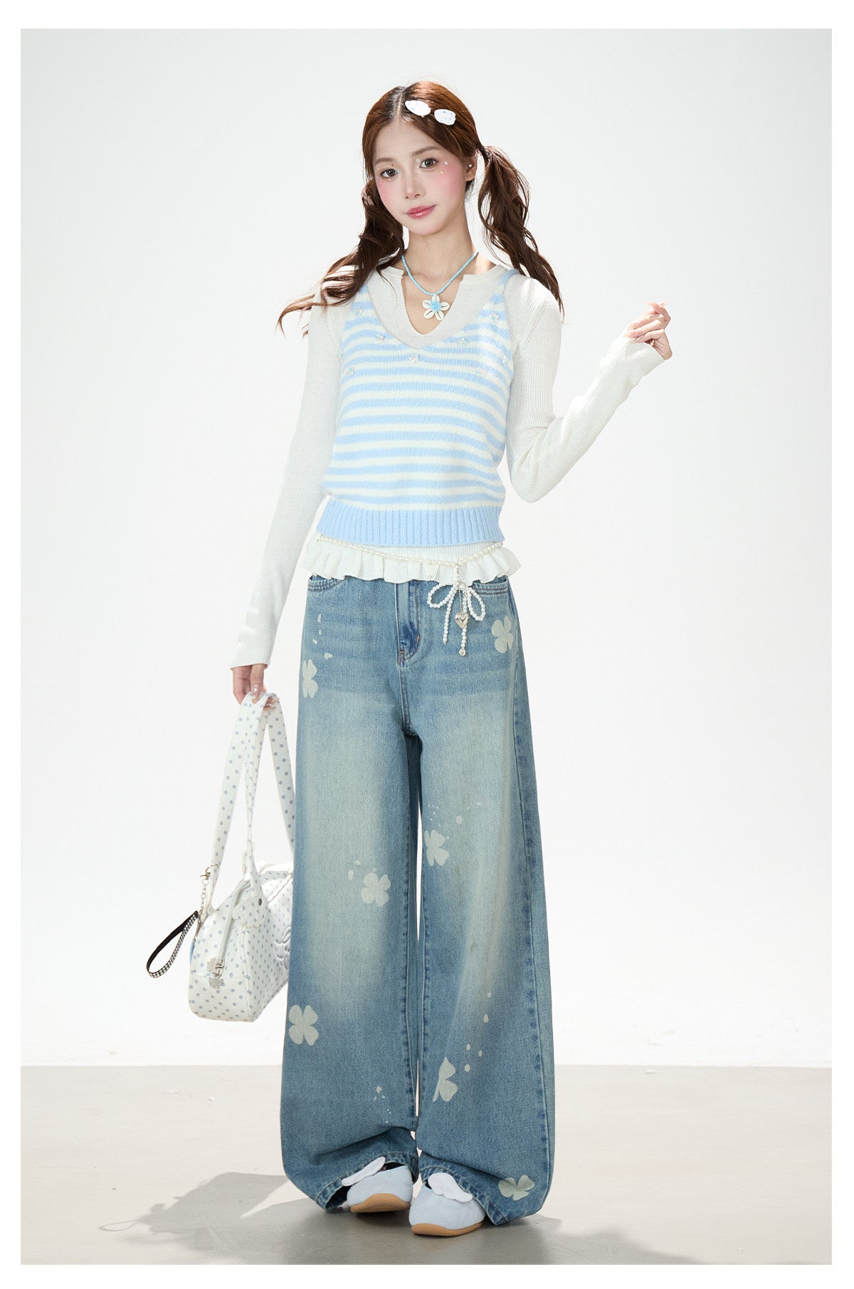Soft Stripe Knit Vest & Long Sleeve Layered Two-Piece Set