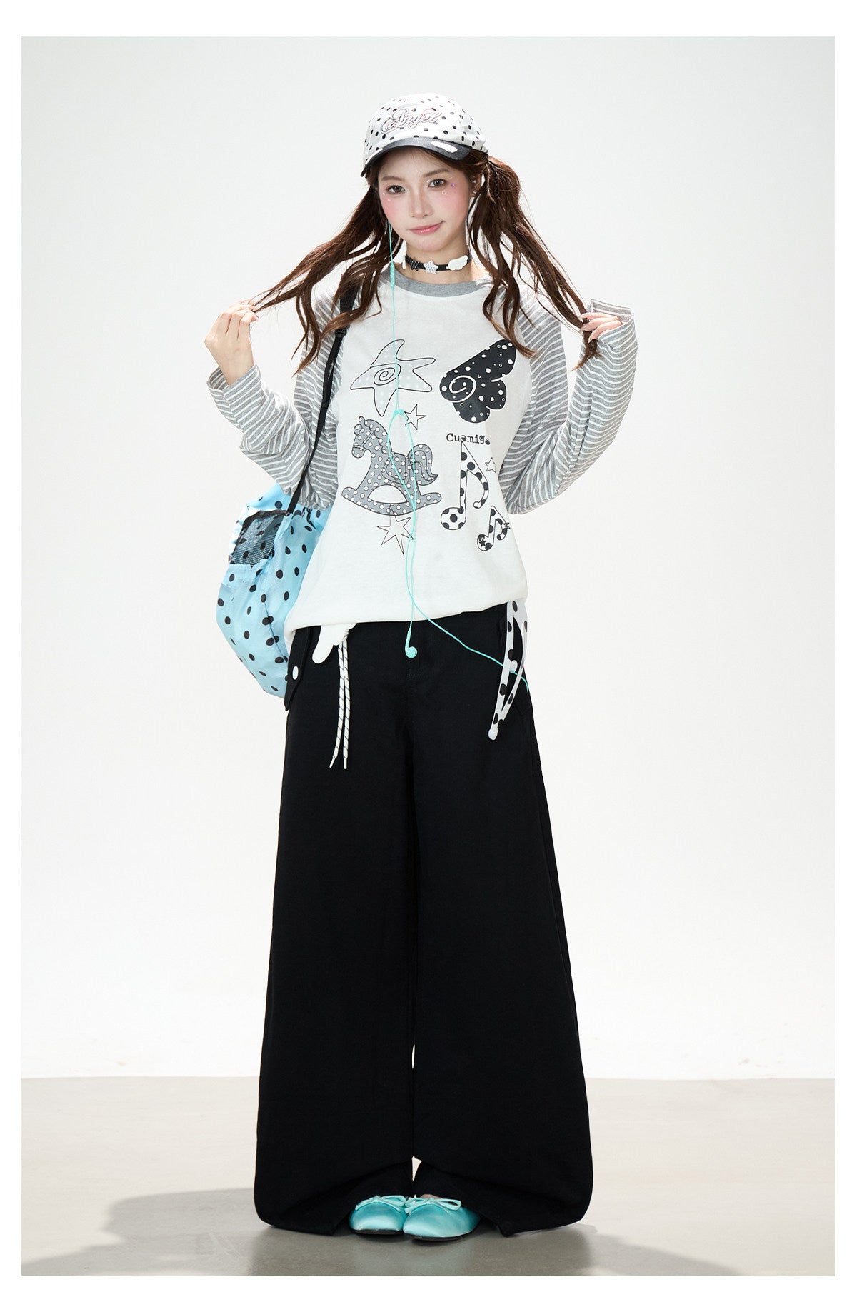 Playful Graphic Raglan Long Sleeve Top & Polka Dot Waist Wide-Leg Pants
