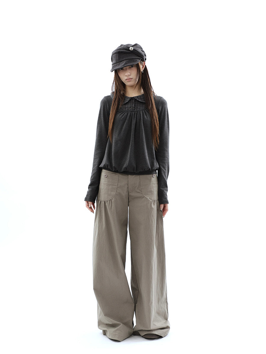 Plaid Collar Gathered Layered Long Sleeve Top