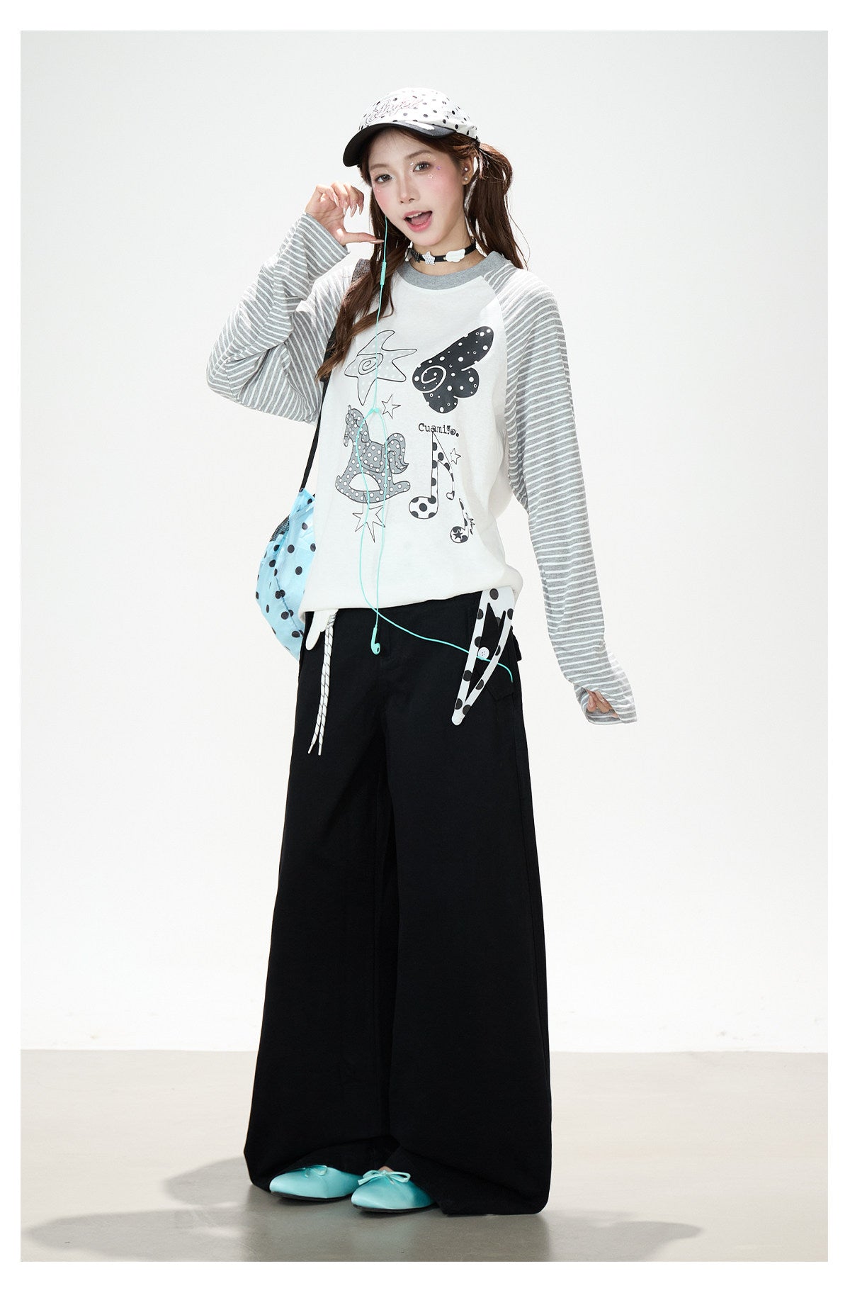 Playful Graphic Raglan Long Sleeve Top & Polka Dot Waist Wide-Leg Pants