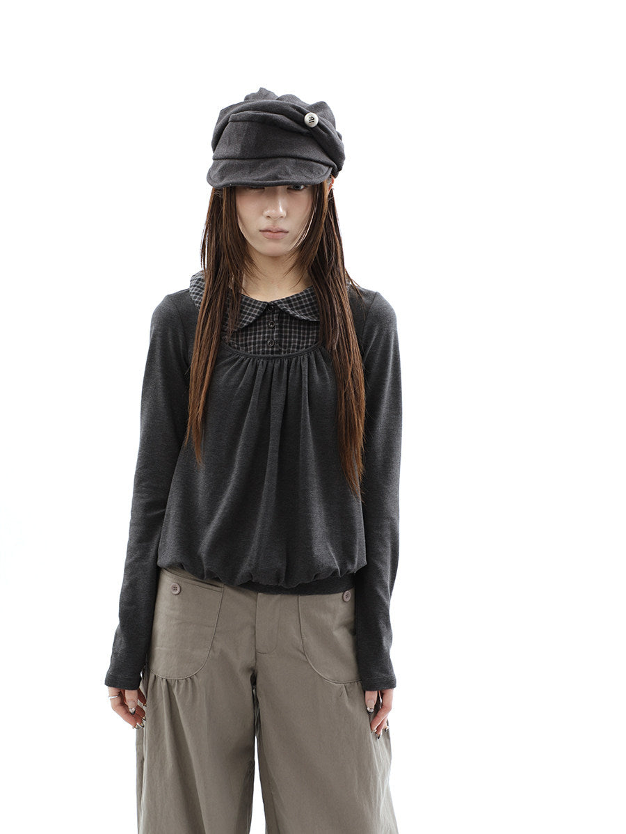 Plaid Collar Gathered Layered Long Sleeve Top