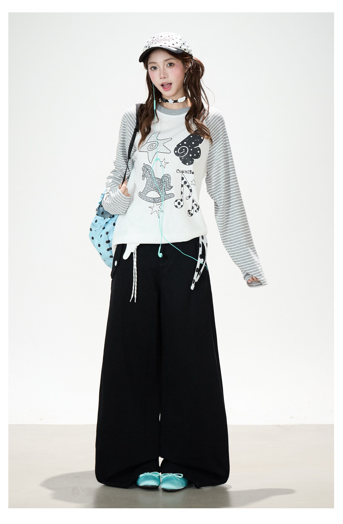 Playful Graphic Raglan Long Sleeve Top & Polka Dot Waist Wide-Leg Pants