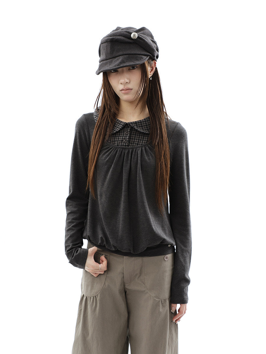 Plaid Collar Gathered Layered Long Sleeve Top