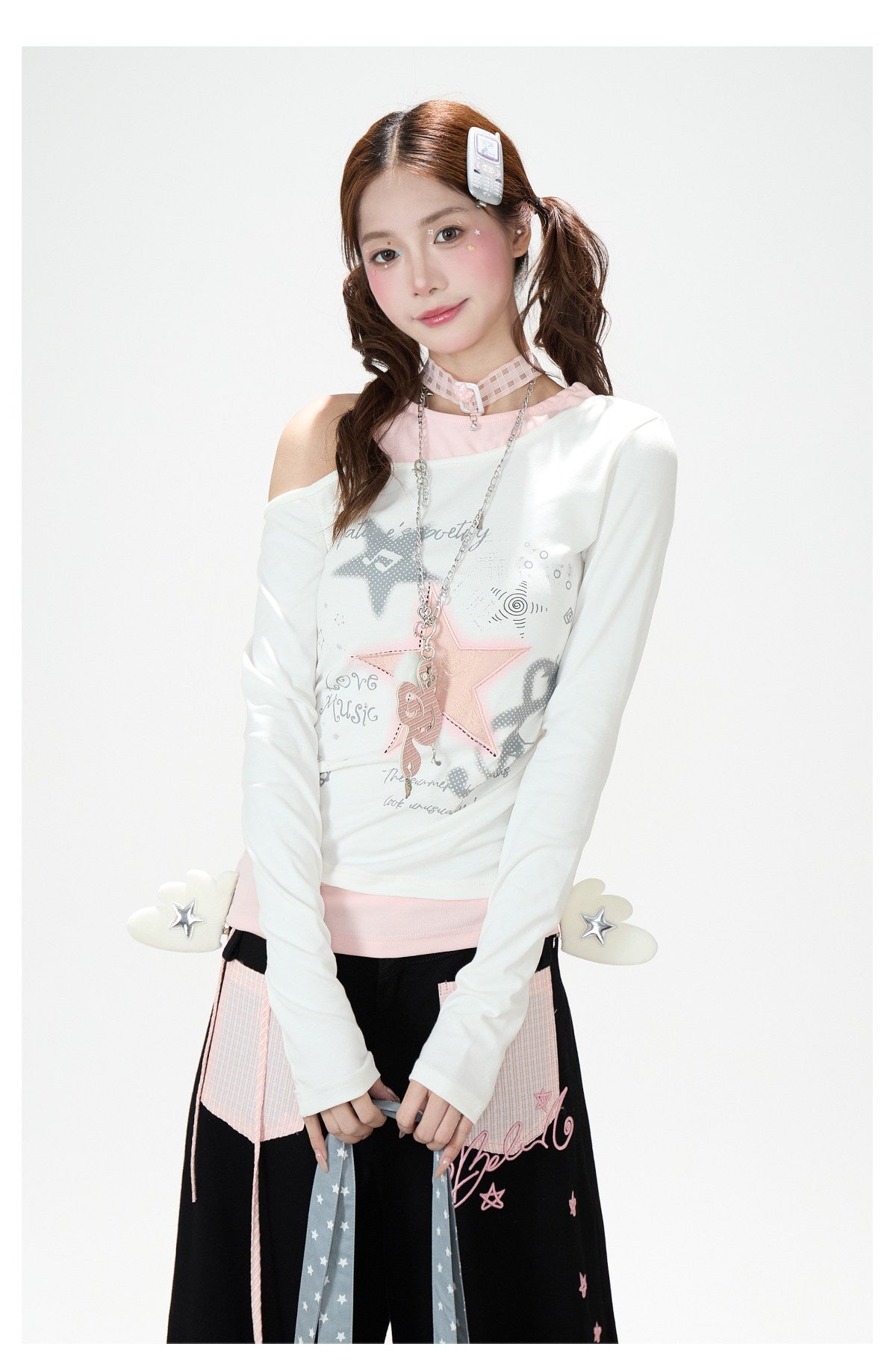 Star Melody Off-Shoulder Long Sleeve Top & Contrast Pocket Wide-Leg Pants
