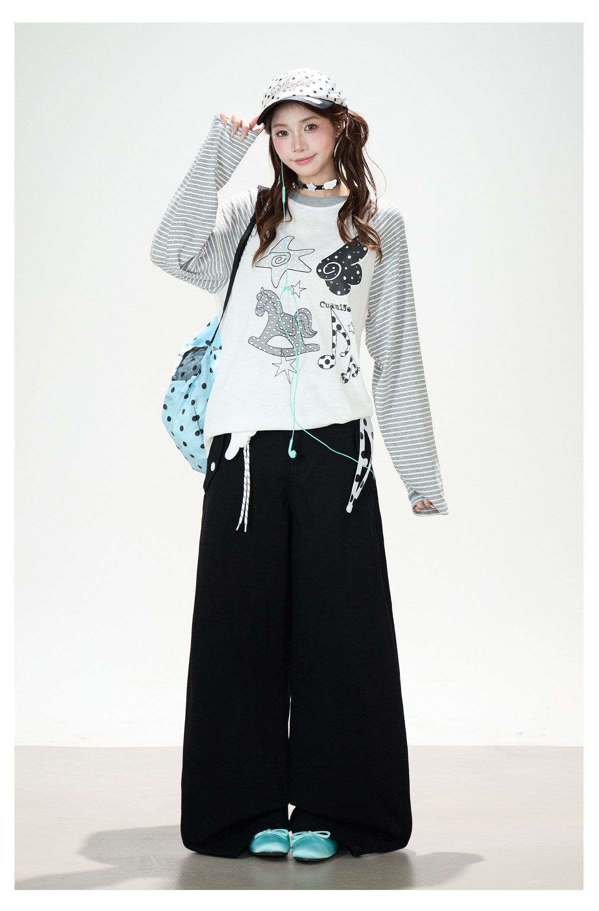 Playful Graphic Raglan Long Sleeve Top & Polka Dot Waist Wide-Leg Pants