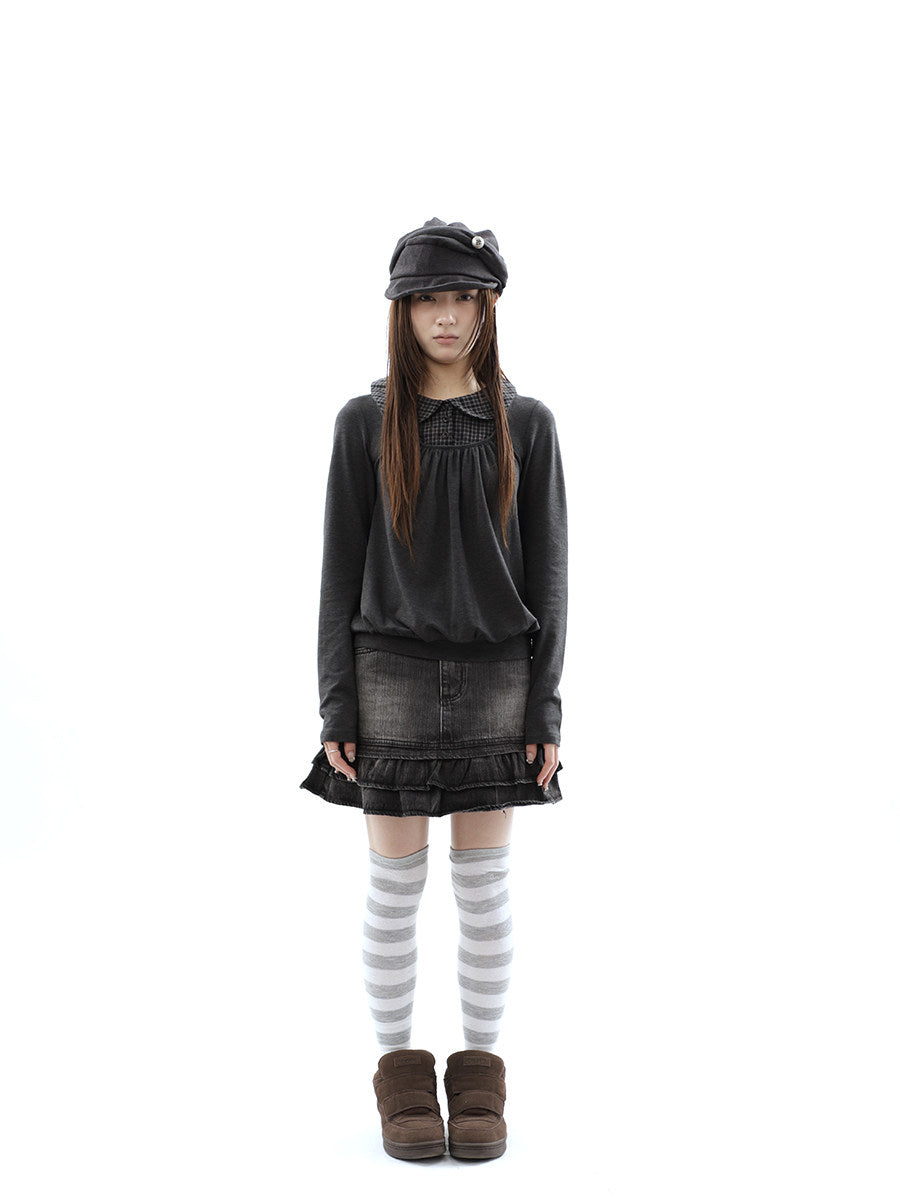 Plaid Collar Gathered Layered Long Sleeve Top