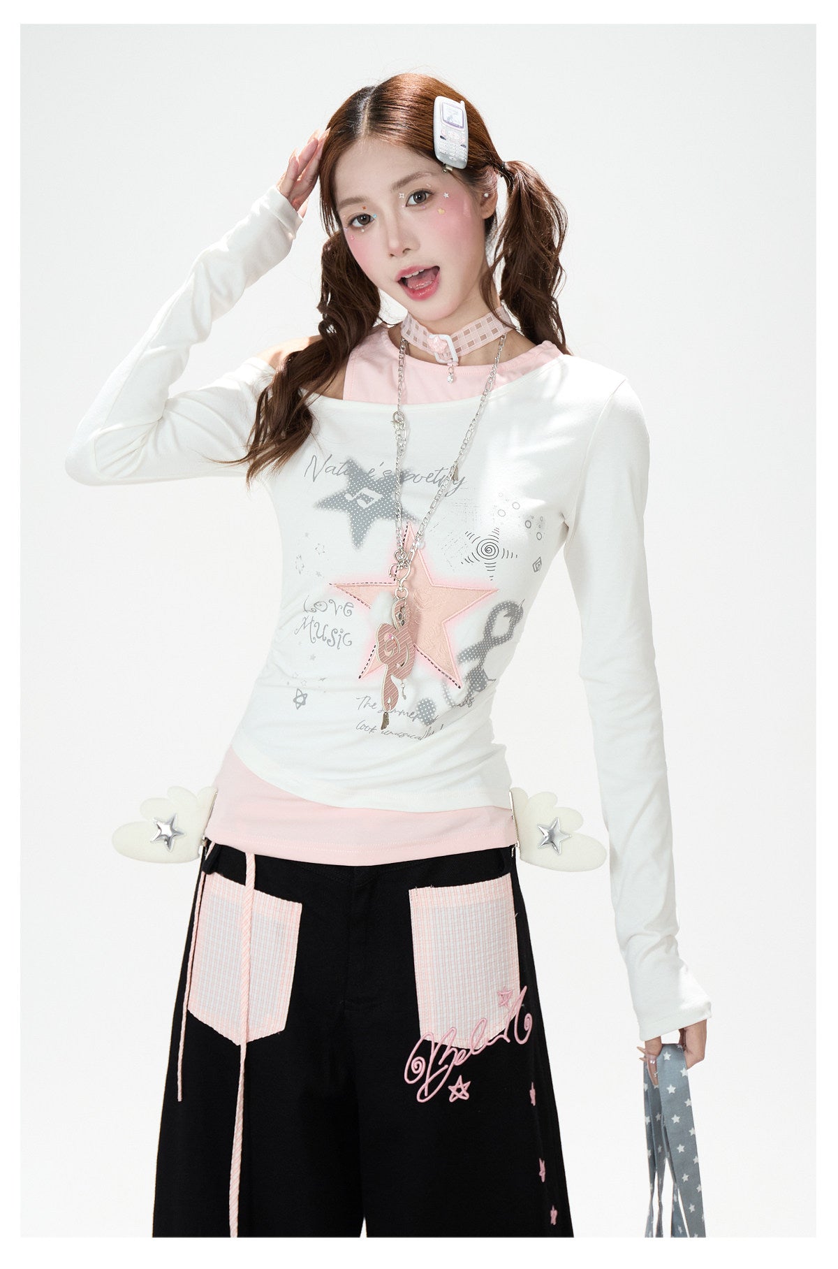 Star Melody Off-Shoulder Long Sleeve Top & Contrast Pocket Wide-Leg Pants