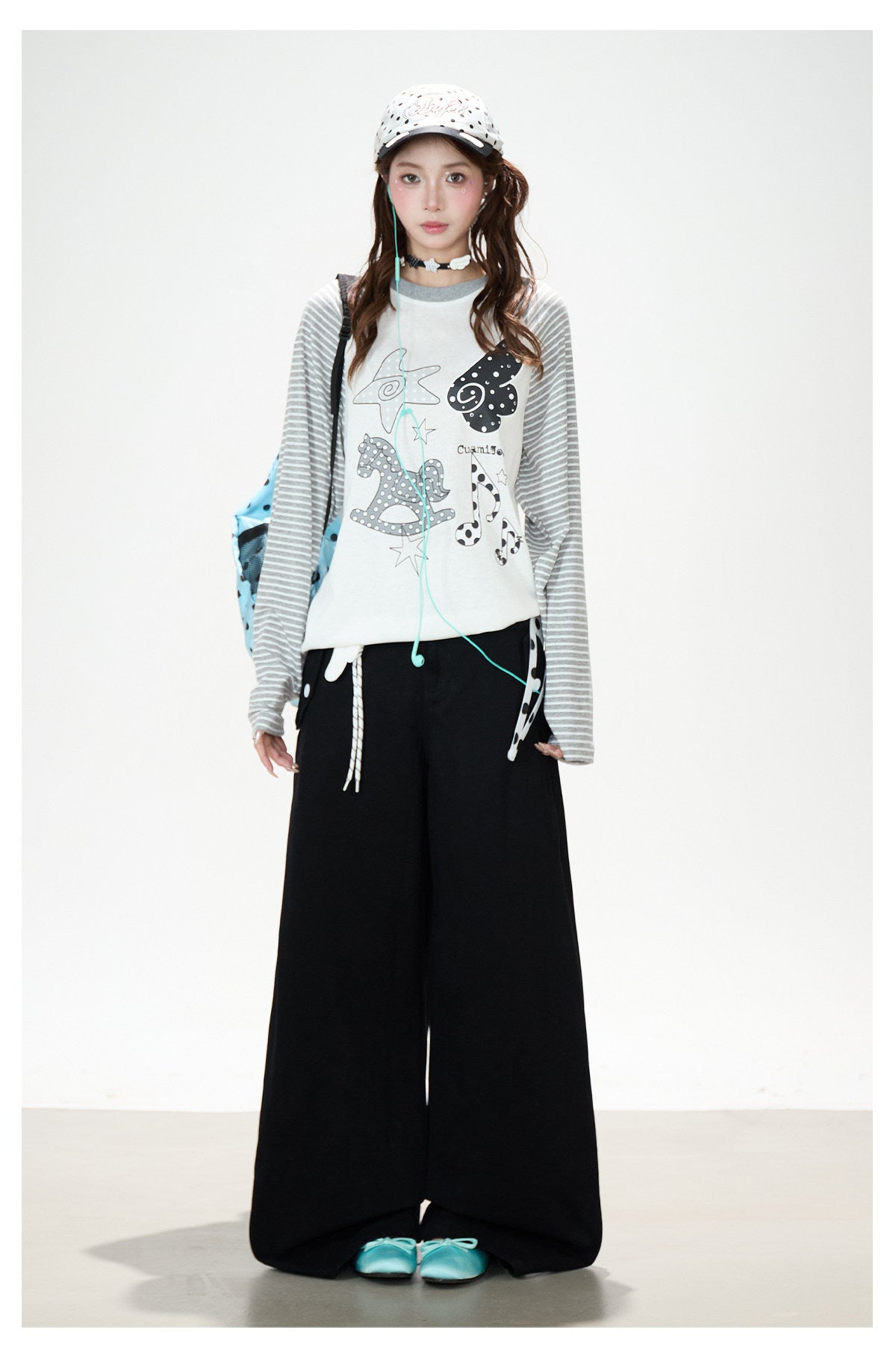 Playful Graphic Raglan Long Sleeve Top & Polka Dot Waist Wide-Leg Pants
