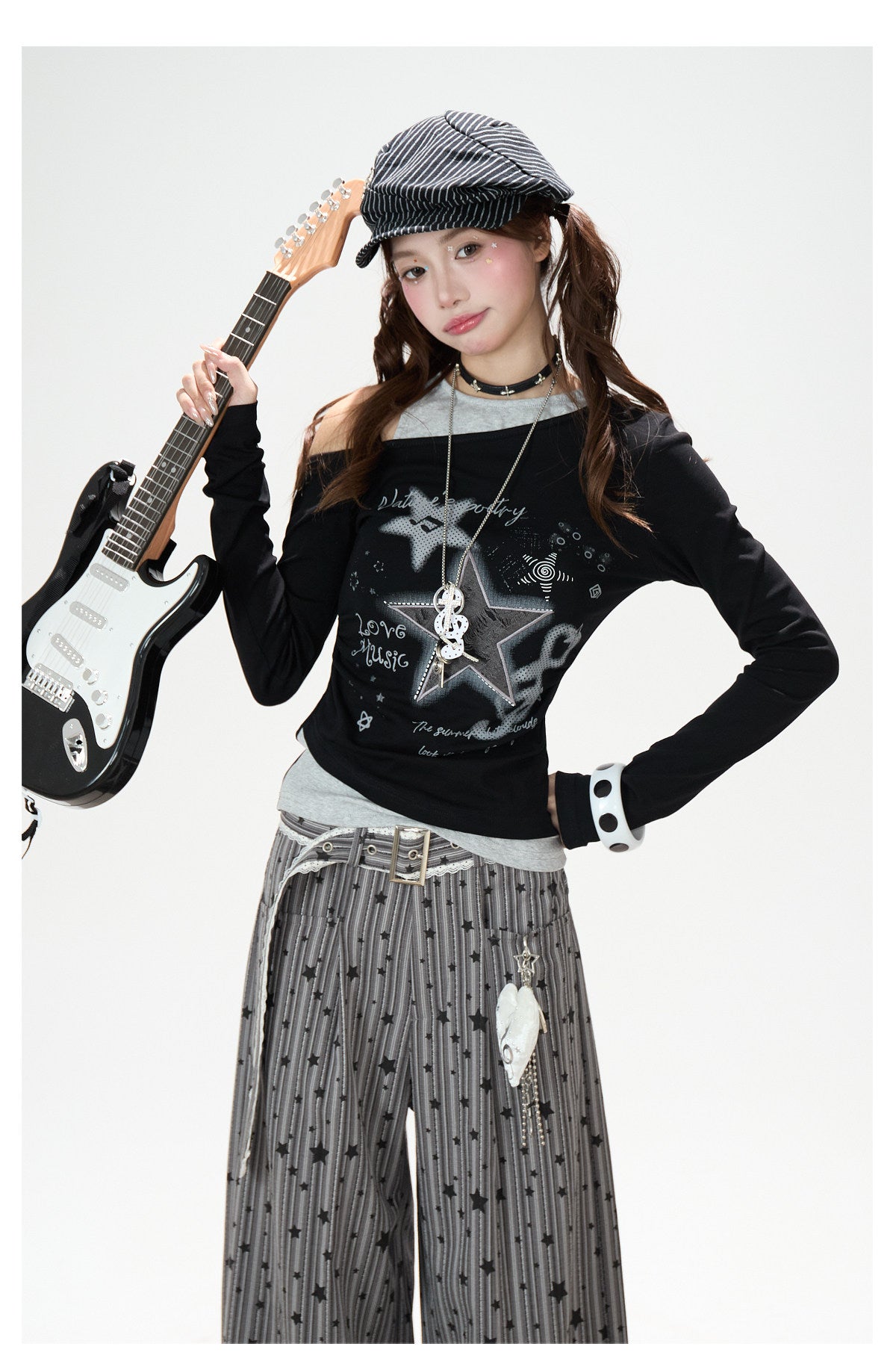 Star Melody Off-Shoulder Long Sleeve Top & Contrast Pocket Wide-Leg Pants