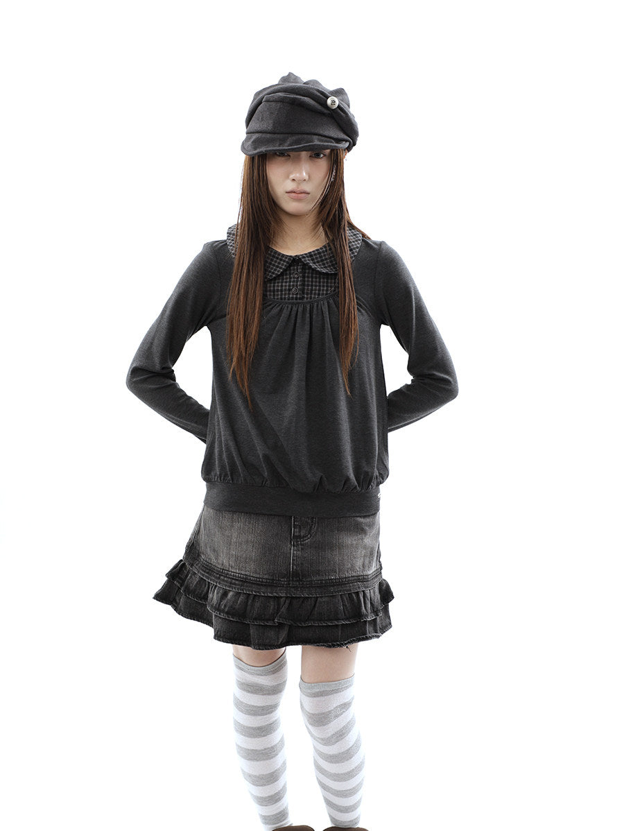 Plaid Collar Gathered Layered Long Sleeve Top