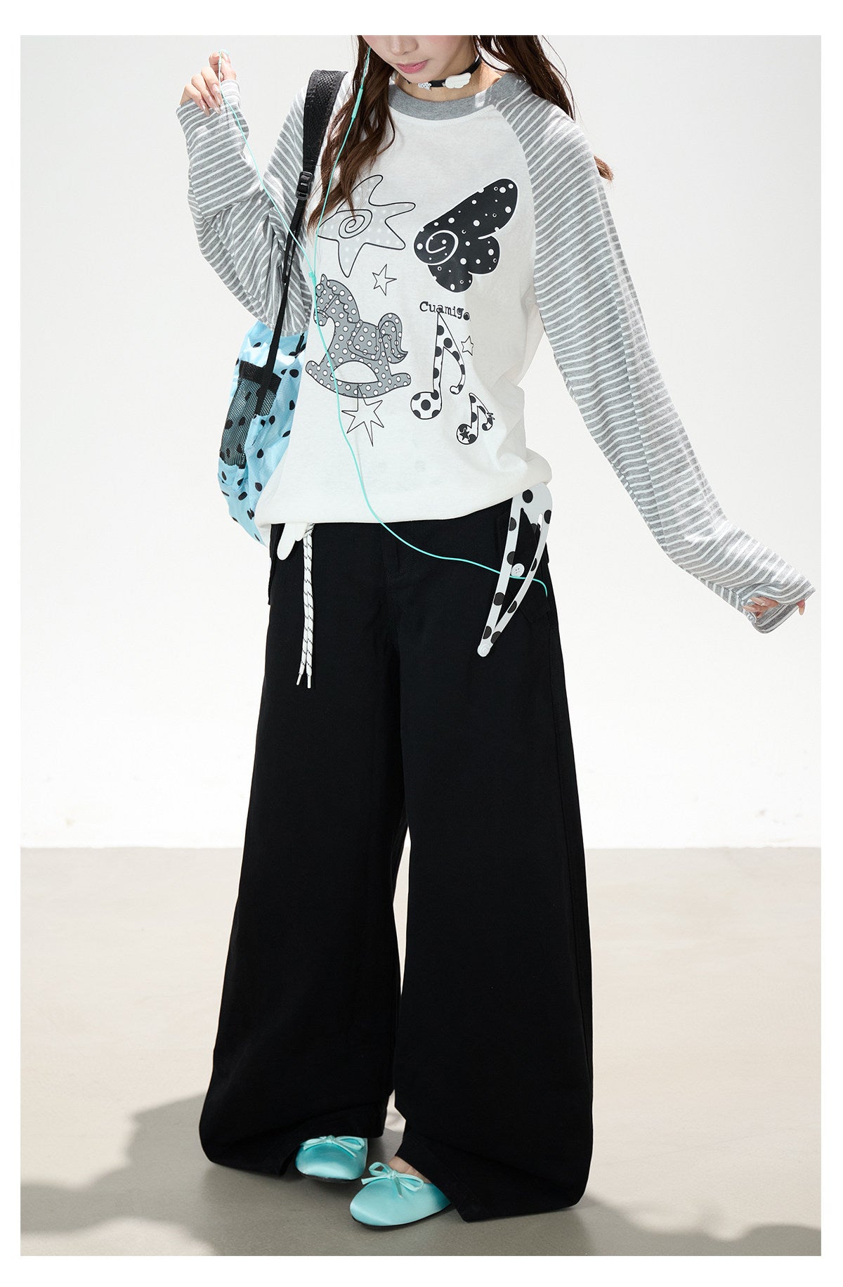 Playful Graphic Raglan Long Sleeve Top & Polka Dot Waist Wide-Leg Pants