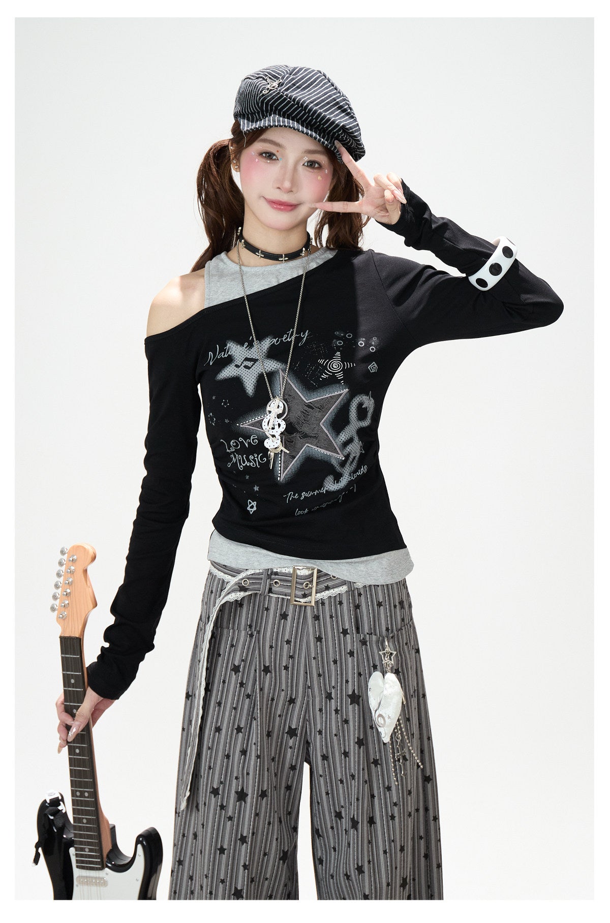 Star Melody Off-Shoulder Long Sleeve Top & Contrast Pocket Wide-Leg Pants