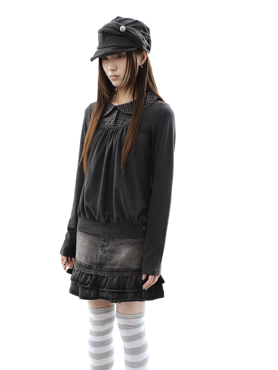 Plaid Collar Gathered Layered Long Sleeve Top