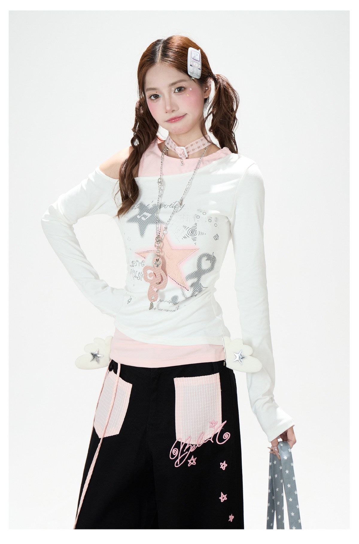 Star Melody Off-Shoulder Long Sleeve Top & Contrast Pocket Wide-Leg Pants