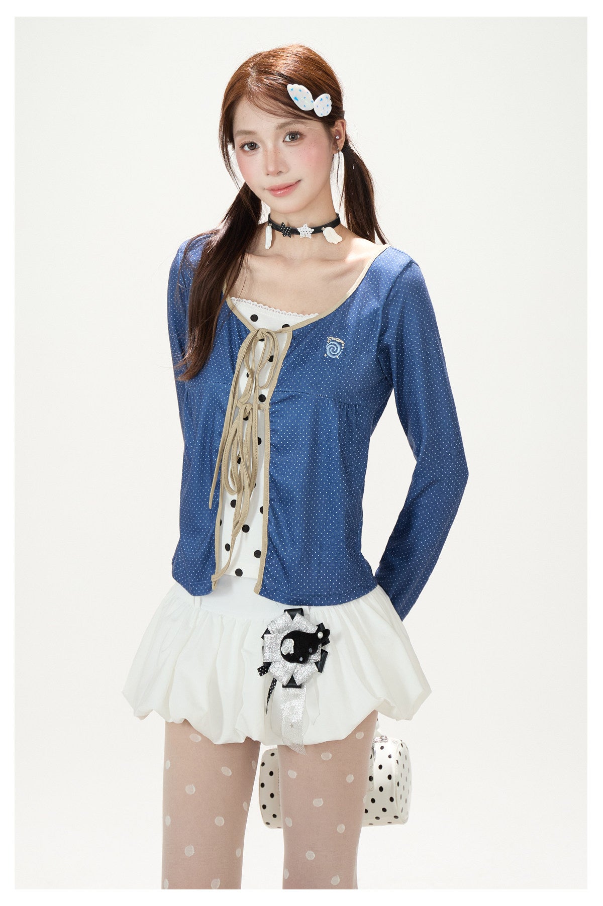 Polka-Dot Tie-Front Layered Long Sleeve Top & Pinstripe Button Wide-Leg Pants