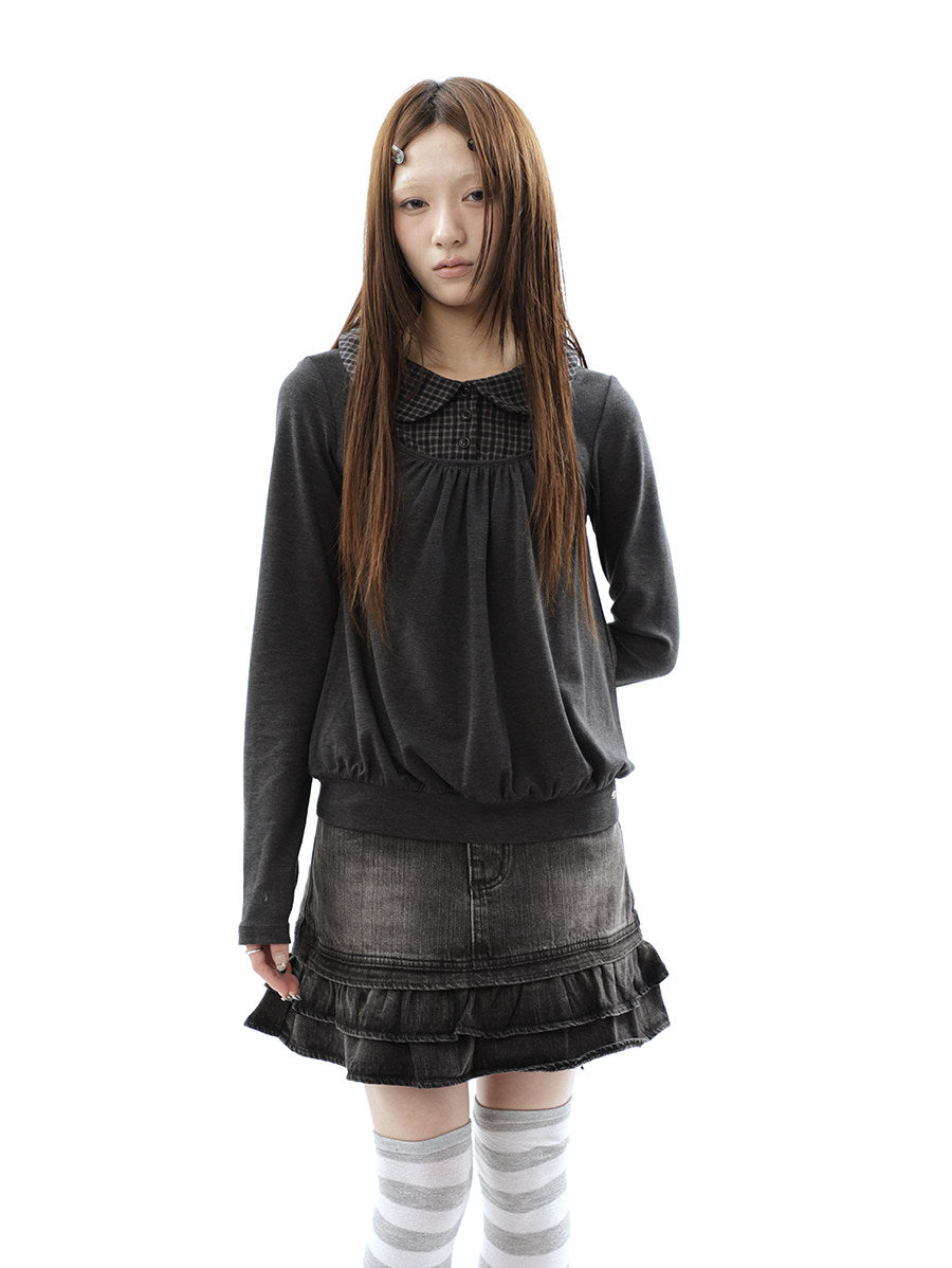 Plaid Collar Gathered Layered Long Sleeve Top