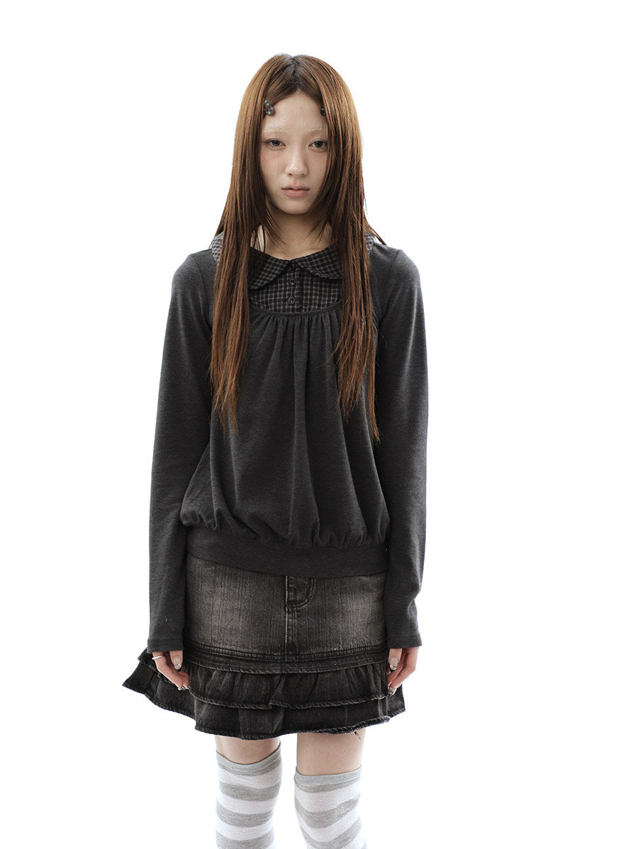 Plaid Collar Gathered Layered Long Sleeve Top