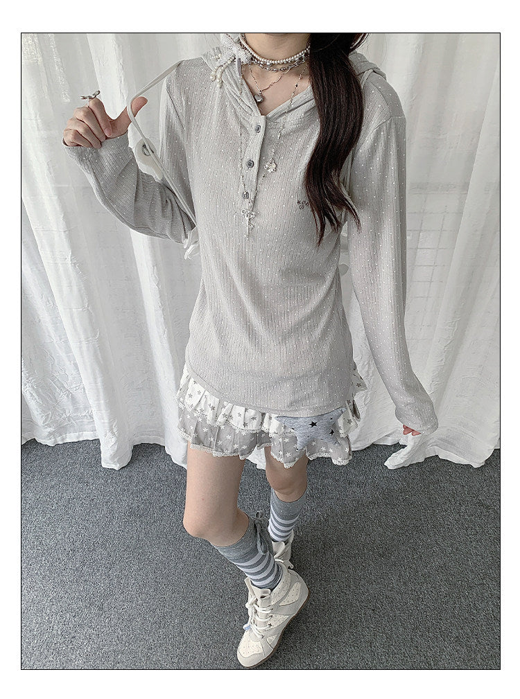 Polka Dot Henley Hooded Long Sleeve Top
