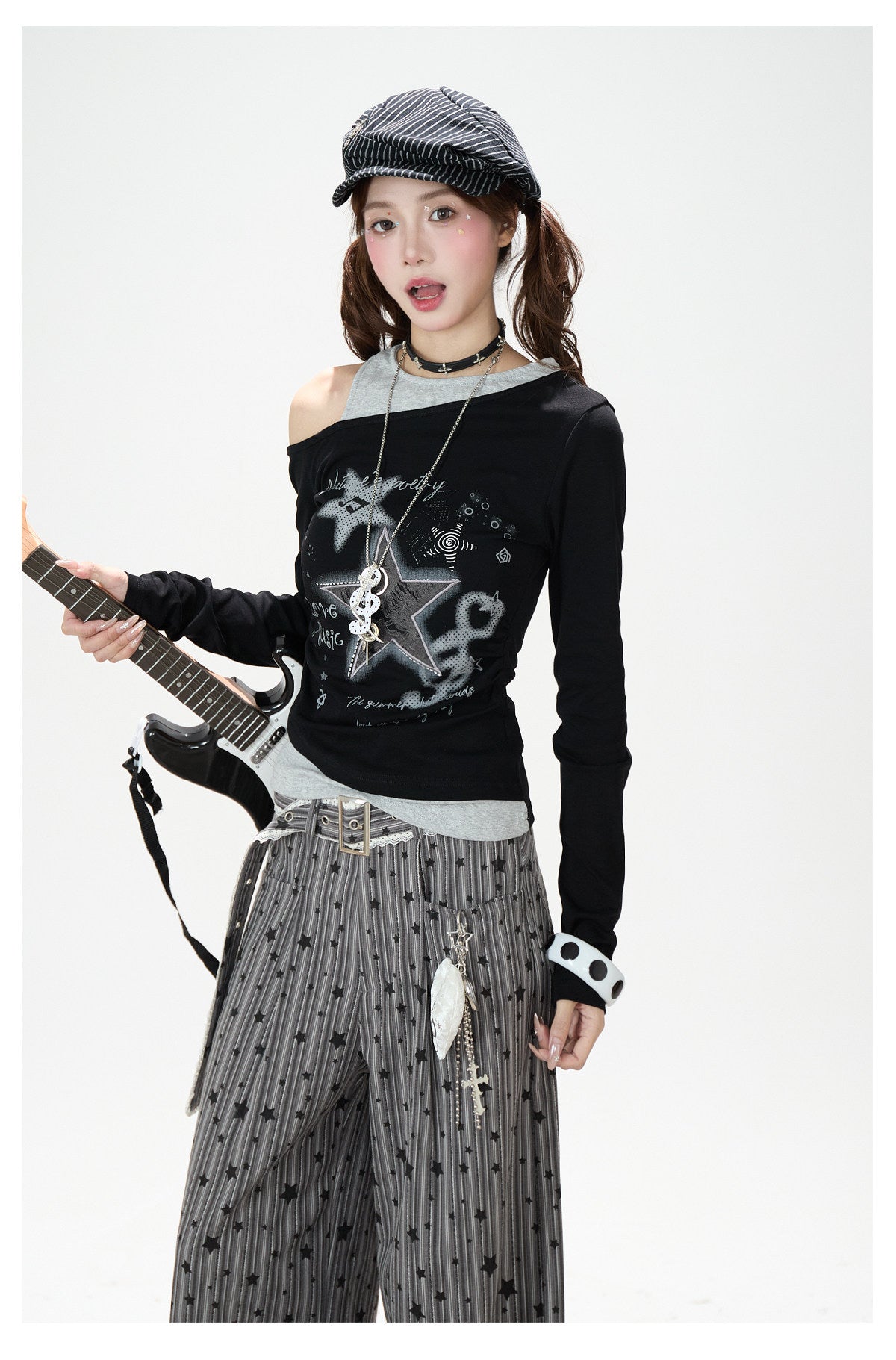Star Melody Off-Shoulder Long Sleeve Top & Contrast Pocket Wide-Leg Pants