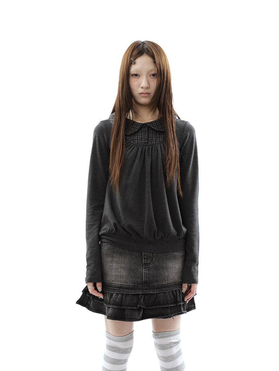 Plaid Collar Gathered Layered Long Sleeve Top