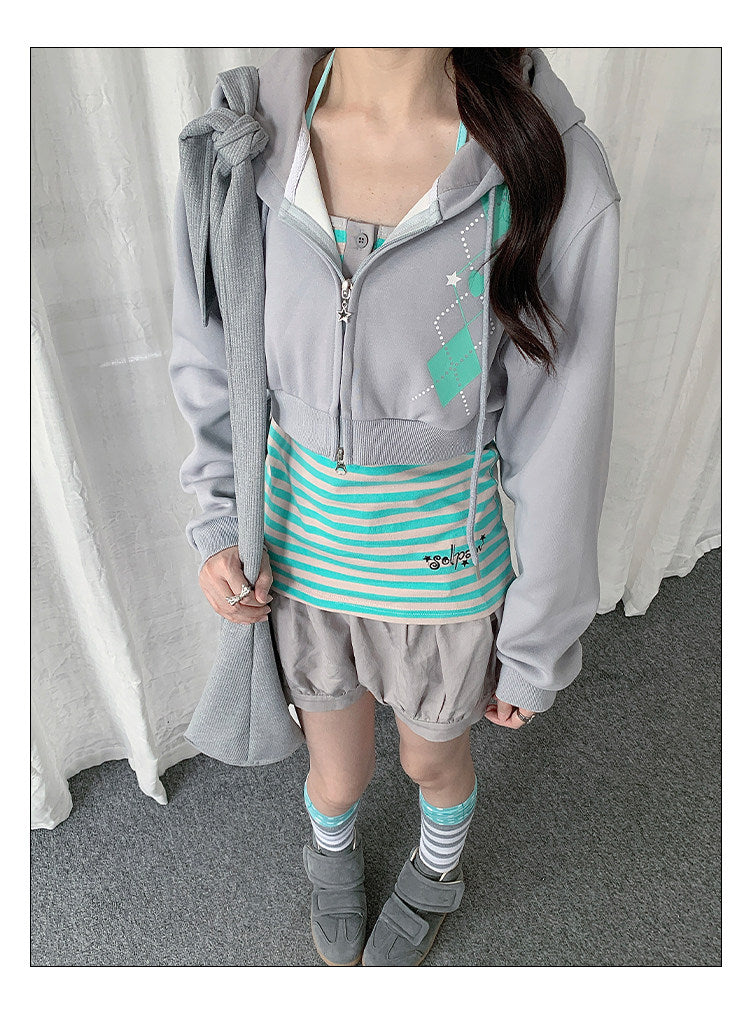 Striped Cami & Cropped Zip Hoodie Two-Piece Set