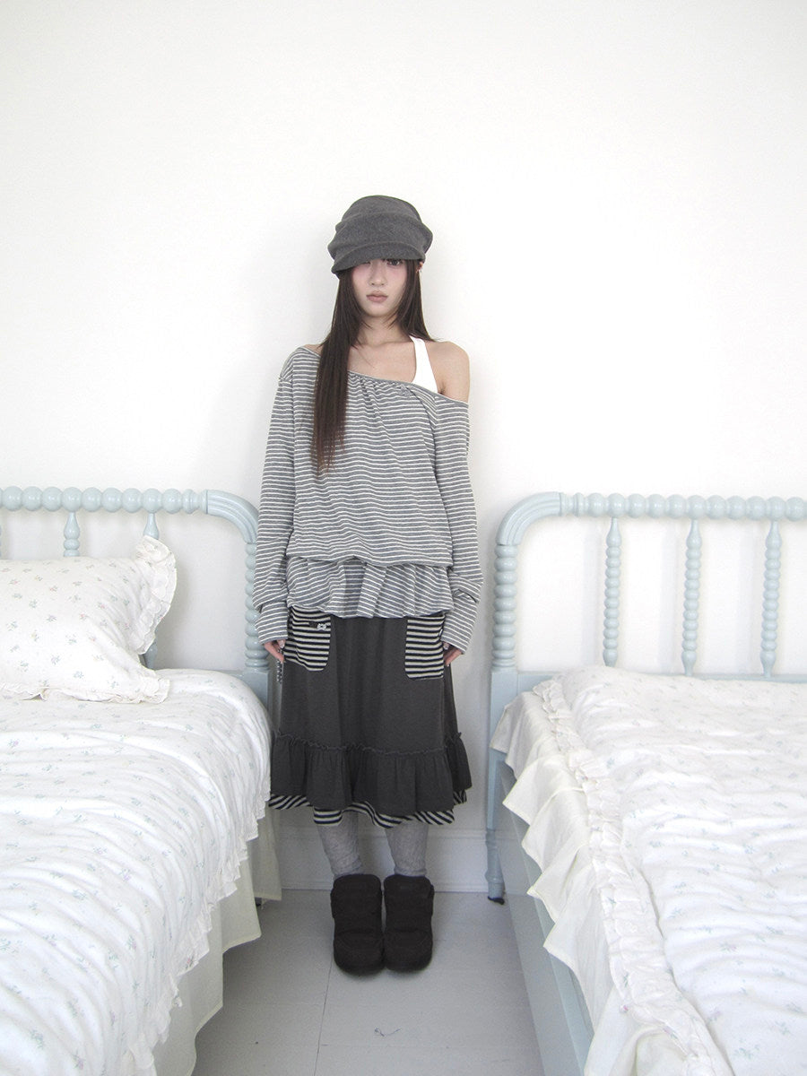 Striped Off-Shoulder Ruffle Layered Long Sleeve Top