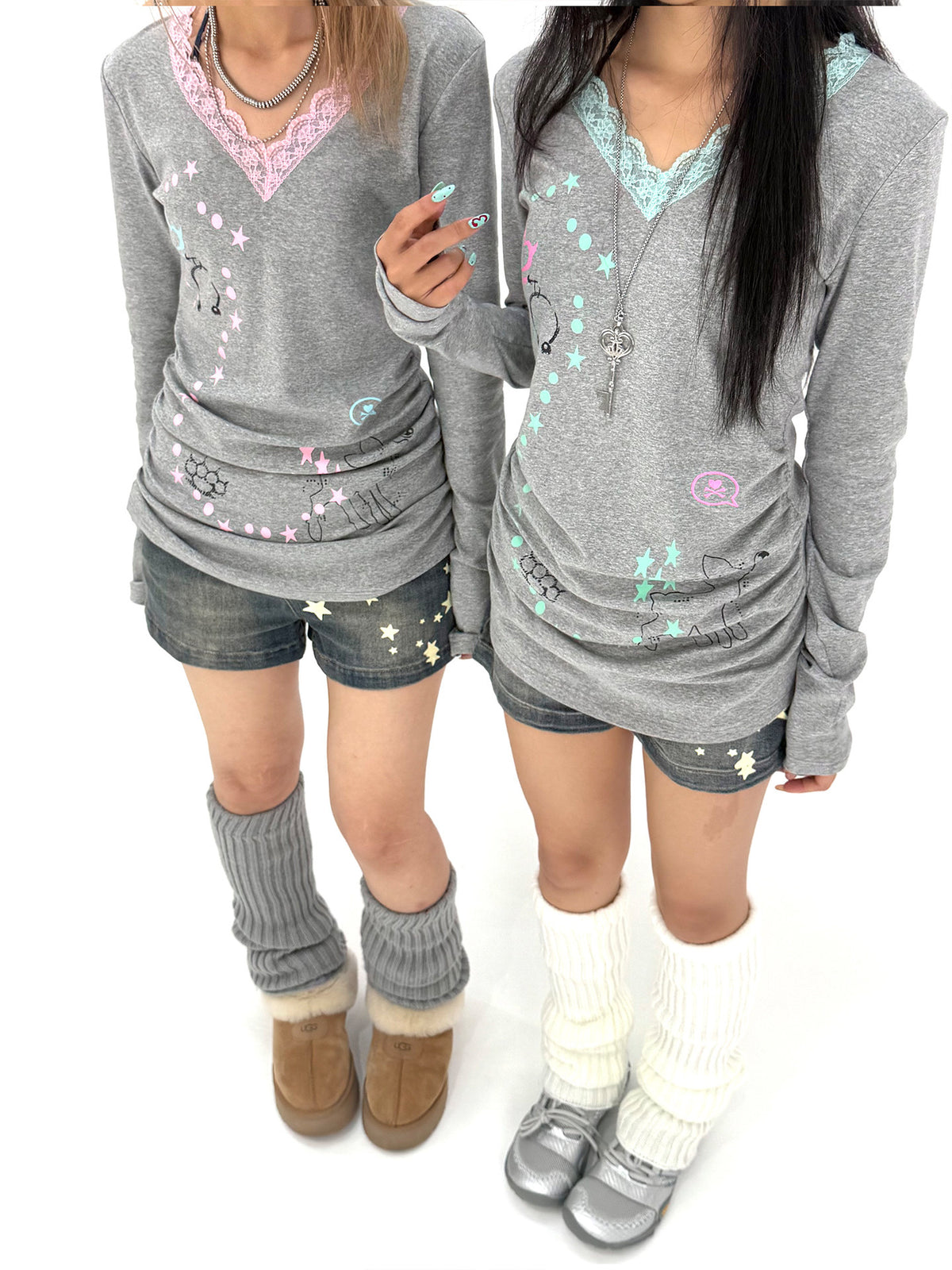 Lace-Trim V-Neck Graphic Long Sleeve Top