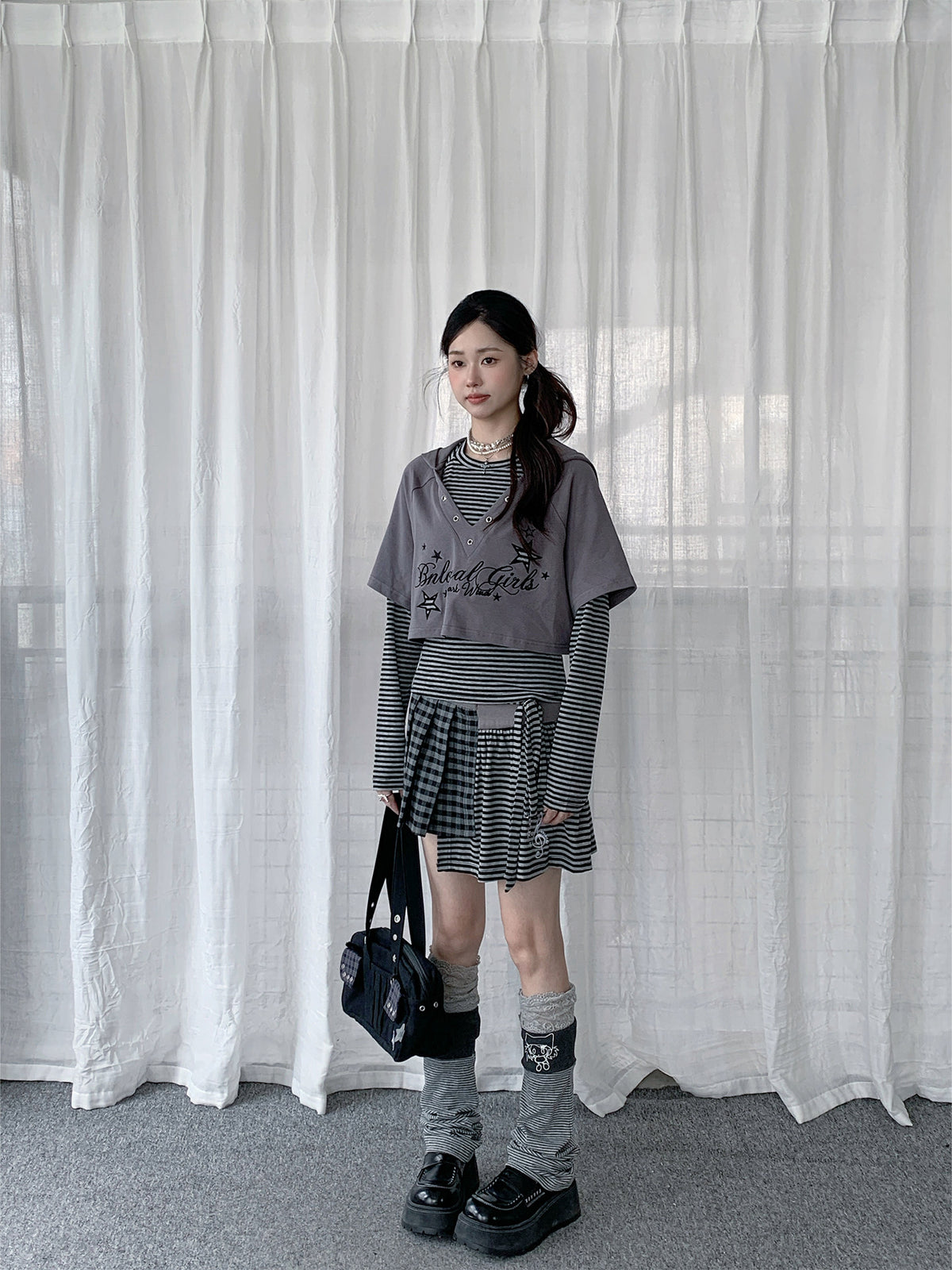 Music Note Plaid & Stripe Asymmetrical Mini Skirt