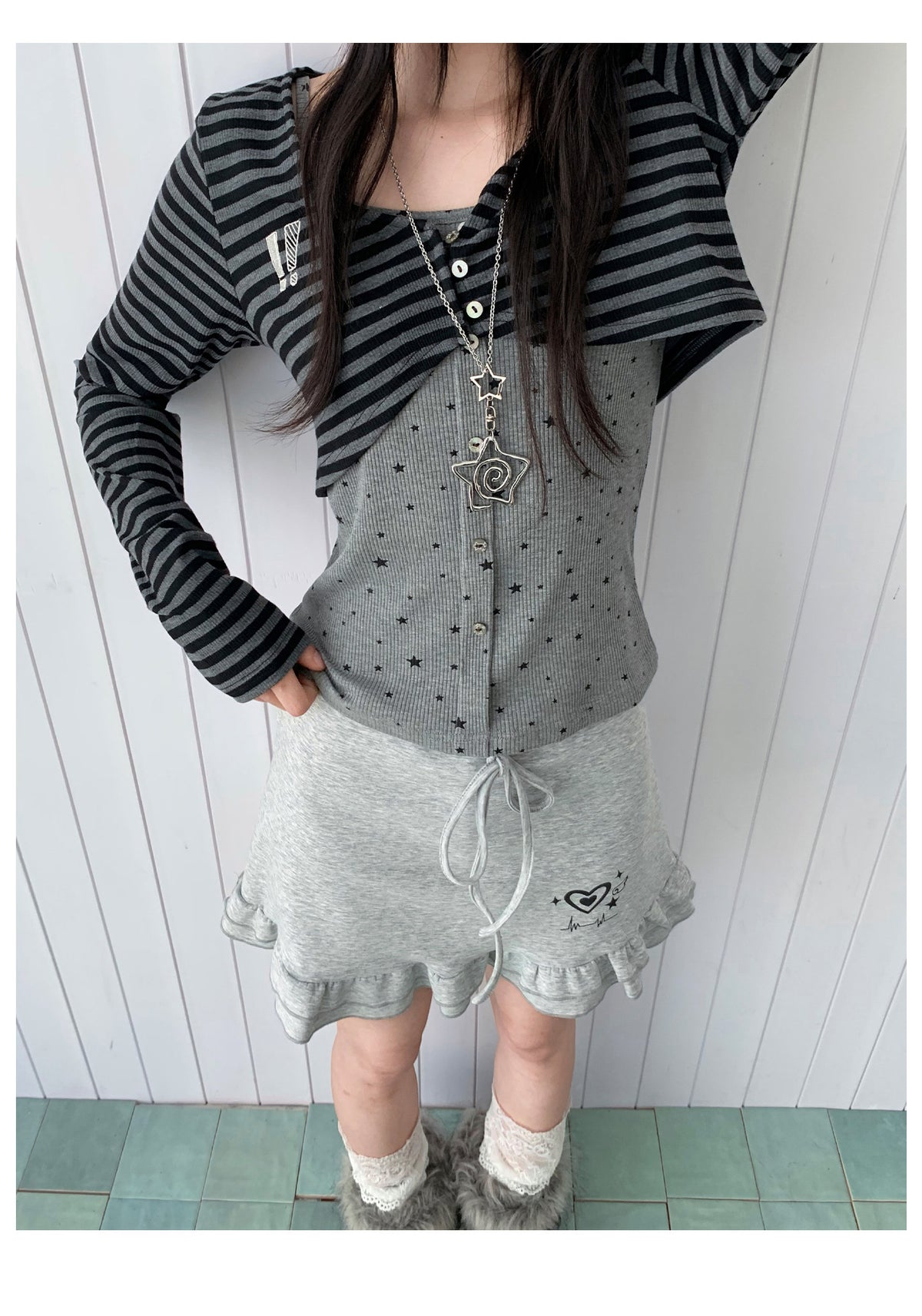Heart Pulse Drawstring Ruffle Mini Skirt