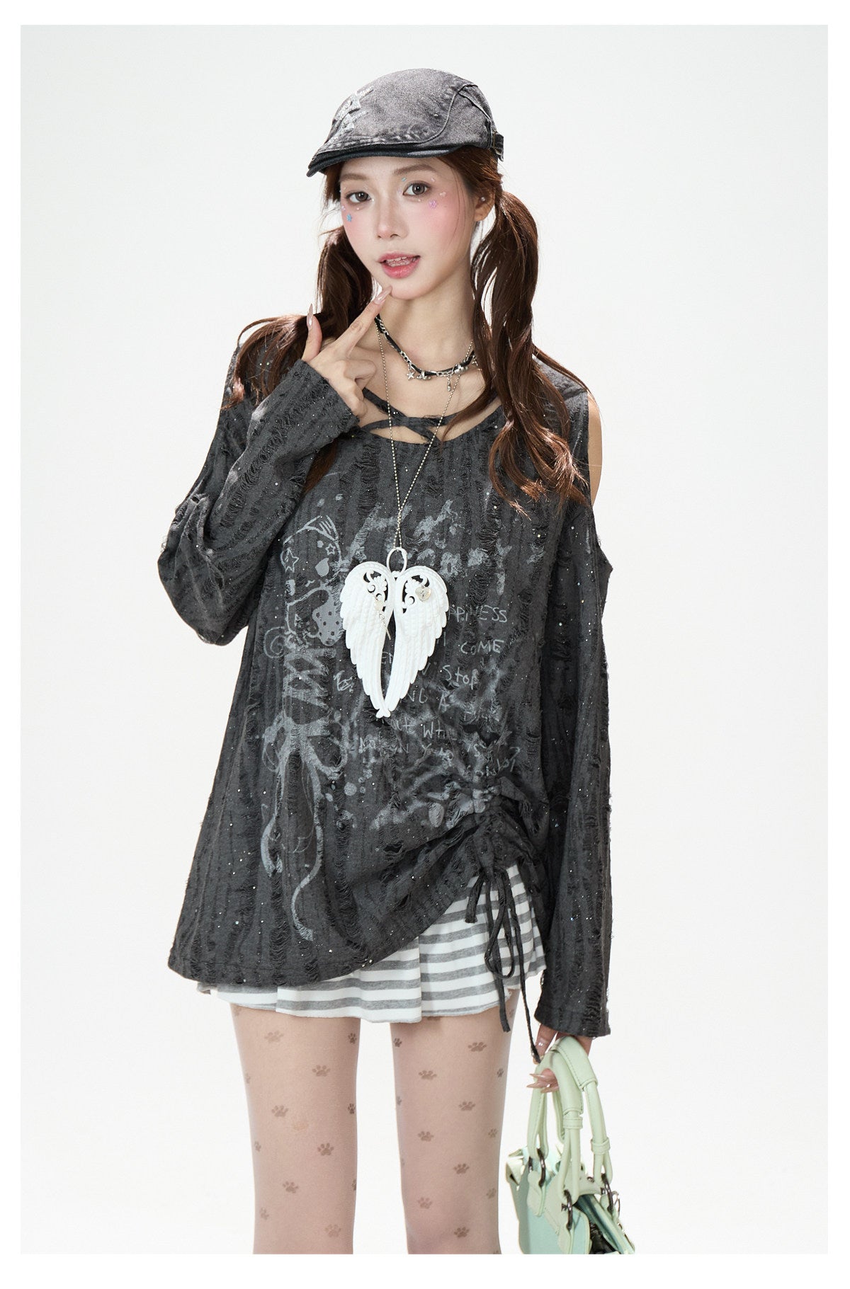 Distressed Cartoon Off-Shoulder Long Sleeve Top & Black Striped Mini Skirt