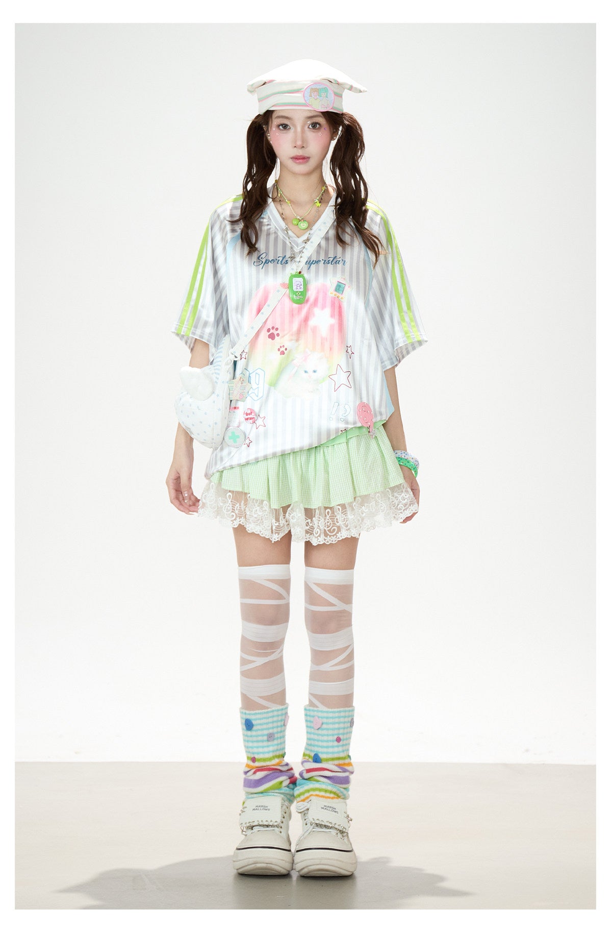 Striped Kitty Graphic V-Neck Tee & Layered Gingham Ruffle Skirt