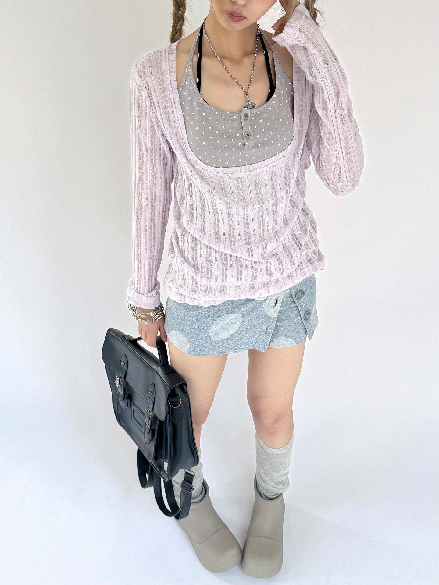 Wisteria Open-Knit Faux-Layer Long Sleeve Top