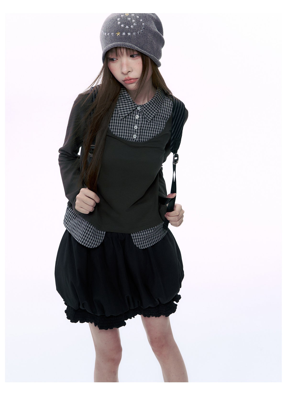 Plaid Collar Faux-Layer Long Sleeve Top