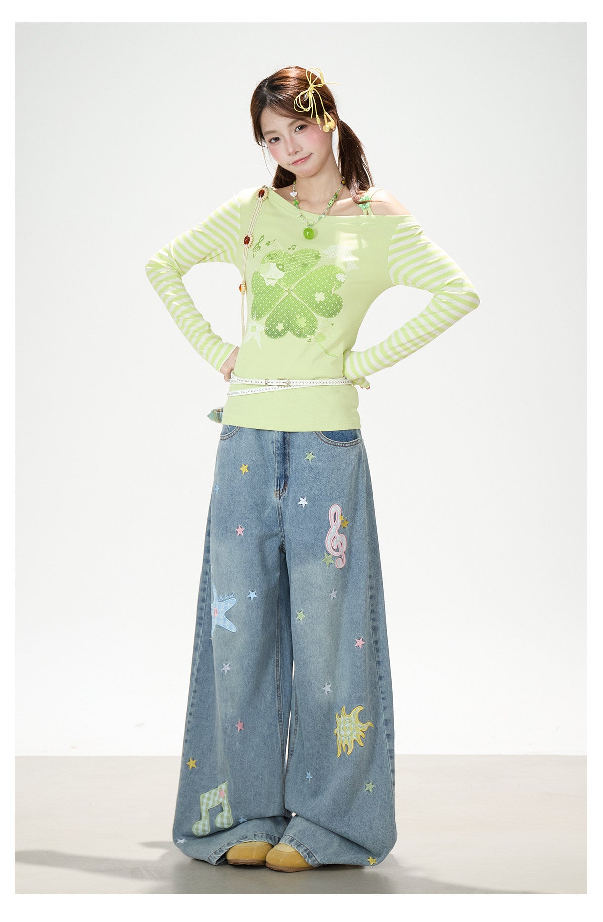 Music Note & Star Embroidered Washed Wide-Leg Jeans