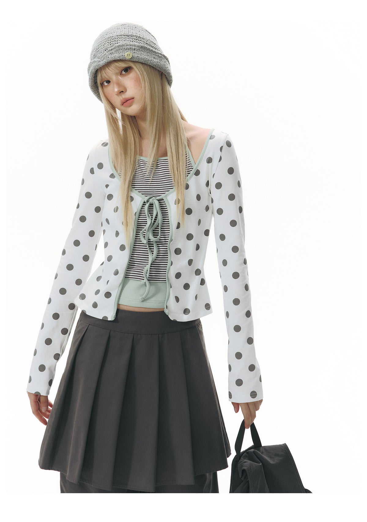 Polka Dot Tie-Front Layered Halter Long Sleeve Top