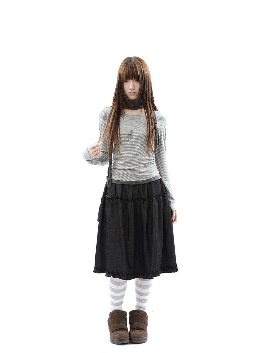 Music Note Striped Layered Long Sleeve Top with Scarf
