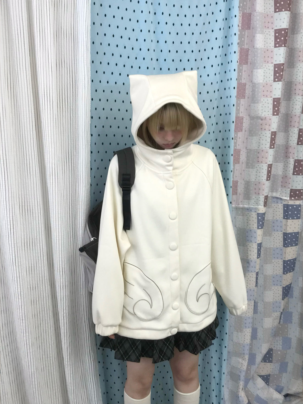 Dusty Blue & Ivory Fleece-Lined Cat Ear Wing Pocket Hooded Jacket