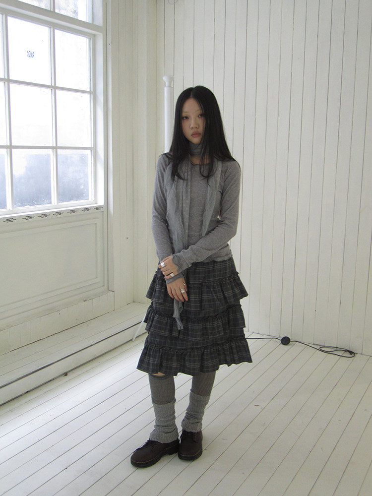 Vintage Gray Plaid Tiered Ruffle Skirt