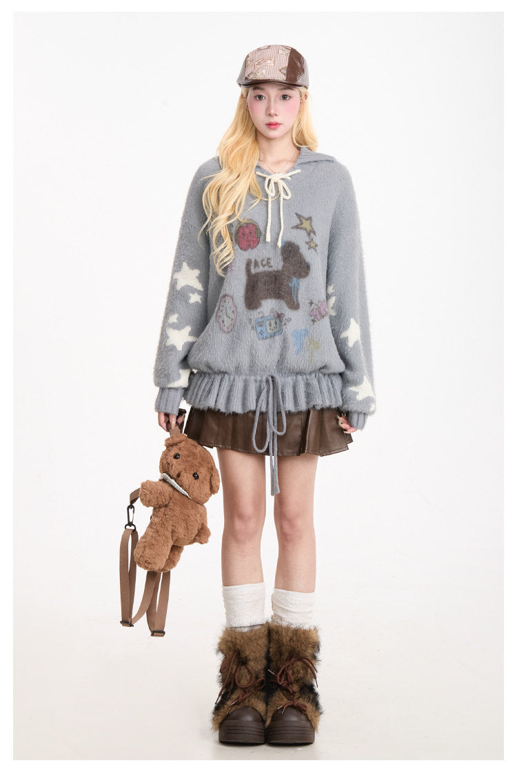 Puppy Graphic Bow-Collar Oversized Knit Sweater