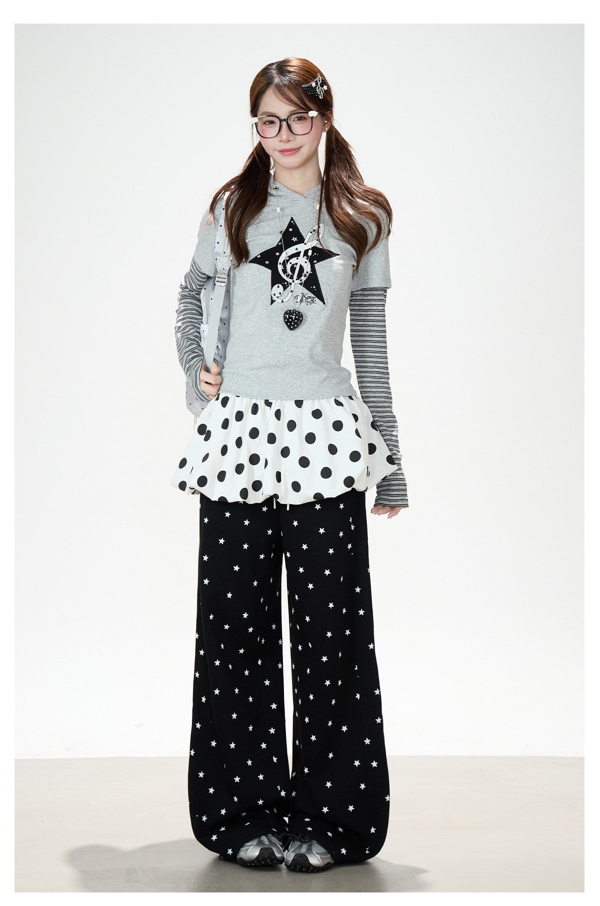Music Note Star Layered Hoodie Top & Polka Dot Tie-Waist Wide-Leg Pants