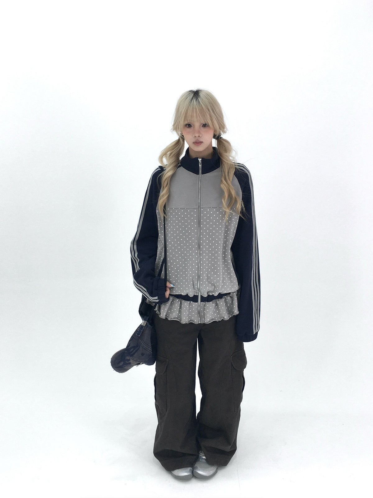 Gray Polka Dot Triple-Stripe Ruffle Zip Jacket