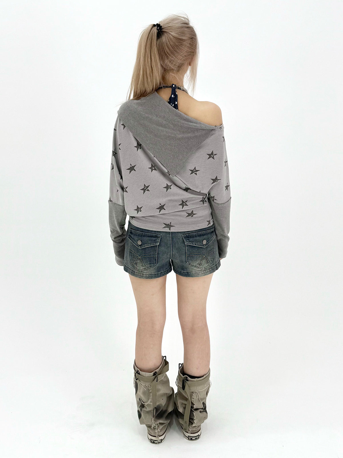 Star Print Draped Off-Shoulder Long Sleeve Top