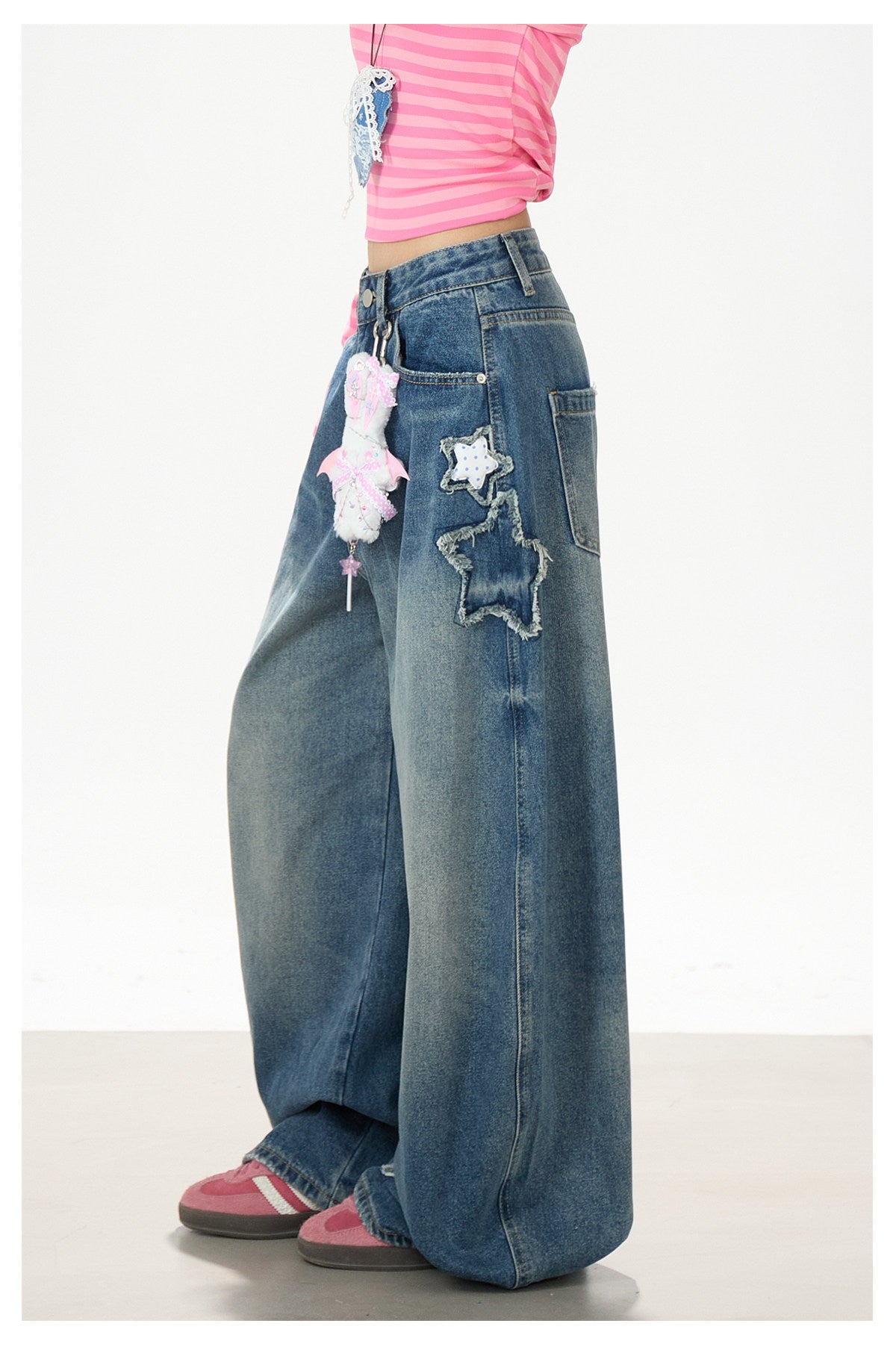 Pink Stripe U-Neck Long Sleeve Top & Star Patch Wide-Leg Jeans