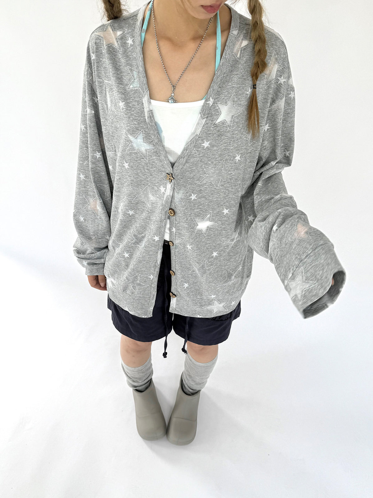 Star Print Lightweight V-Neck Cardigan