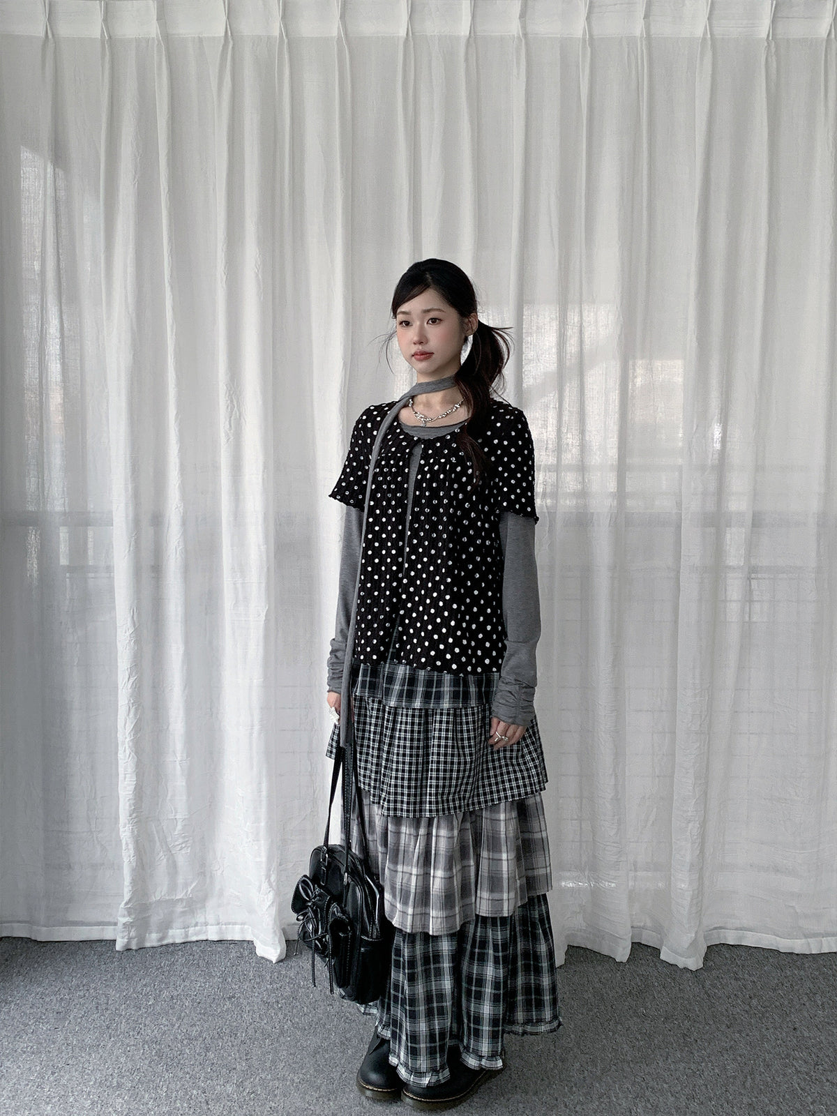 Mixed Plaid Tiered Maxi Skirt